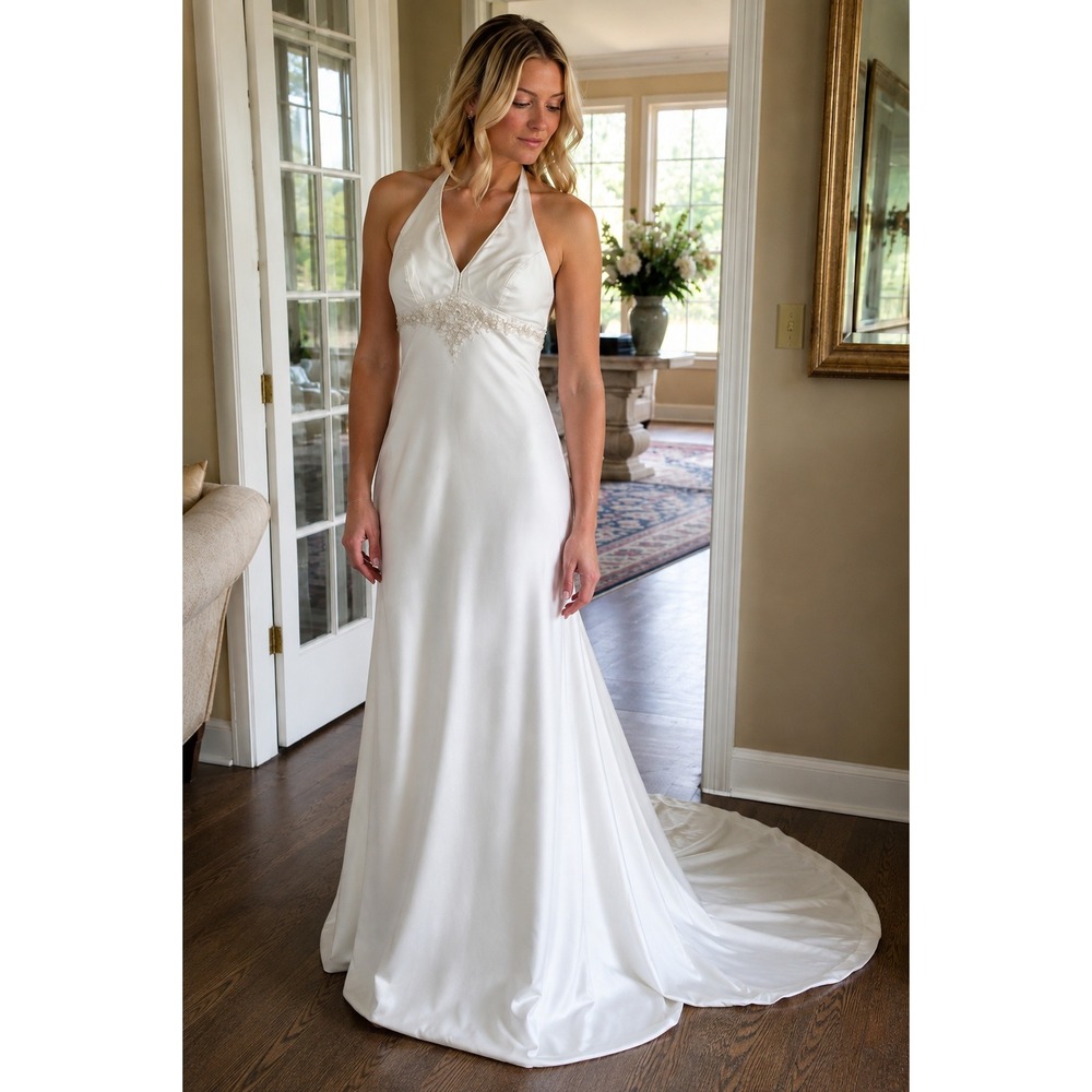 David's Bridal Oleg Cassini White Halter Neck Beaded High Low Wedding Dress 6